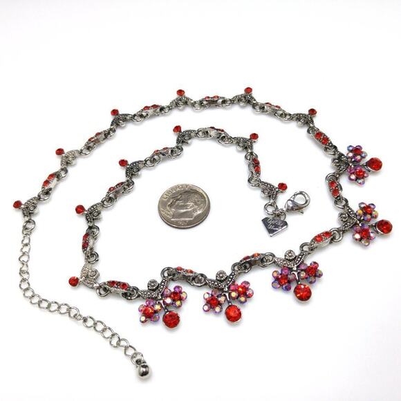 Vintage Cookie Lee Red Rhinestone Necklace, Aurora Borealis Rhinestones, 17 1/2" - Picture 9 of 11